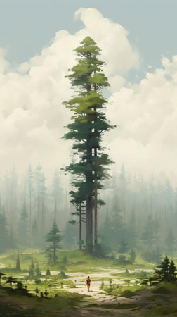 the monumental landscape, captured in a plein air style, showcases extremely tall coniferous trees that dwarf people, emphasizing a sense of scale and making them appear tiny, set against a backdrop of dusty piles and majestic vistas, evoking a sense of awe and wonder in this breathtakingly beautiful scenery. ai generatedの素材