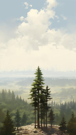 trees tower above, emphasizing a sense of scale that makes people look tiny, set amidst a serene plein air landscape gardening scene with monumental vistas, featuring extremely tall coniferous trees, dusty piles, and a shallow depth of field, evoking a sense of wonder and awe. ai generatedの素材