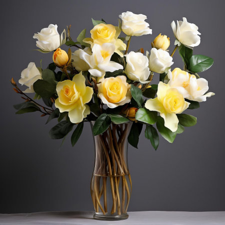the elegant camellia arrangement, adorned with 12 pristine white roses and 5 vibrant yellow roses, sits beautifully in a delicate vase, exuding a sense of sophistication and refinement, perfect for any special occasion or as a lovely addition to any home decor, evoking feelings of love, joy, and serenity. ai generatedの素材