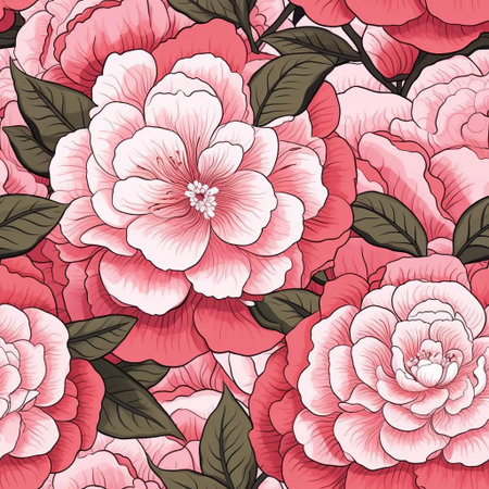 camellia flowers bloom beautifully in this stunning vector pattern, featuring delicate petals and intricate details, perfect for creating seamless backgrounds, wallpapers, and textiles, ideal for floral enthusiasts and designers seeking elegant and sophisticated designs. ai generatedの素材