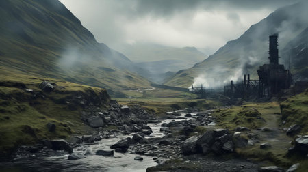 the yorkshire dales' industrial landscape unfolds in a dreamy, photorealistic scene, where rolling hills and misty valleys meet rugged factories and warehouses, blending nature's serenity with the region's rich industrial heritage, evoking a sense of nostalgia and wonder in this unique hindu-inspired setting. ai generatedの素材