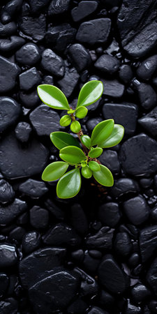 the jasmine plant, with its delicate white flowers and lush green leaves, thrives on a bed of black shingle, evoking a sense of sustainable design and visually tactile surfaces, captured in a soft focus style with a voigtlander bessa r2m camera, exuding a dark, moody atmosphere with shades of dark gray and black. ai generatedの素材