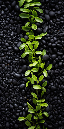this agricultural plant, showcased on a bed of black shingle, exemplifies the beauty of sustainable design, with its visually tactile surfaces evoking a sense of earthy wonder, captured in a soft focus style reminiscent of tabletop photography, using a voigtlander bessa r2m camera, in a palette of dark gray and black tones. ai generatedの素材