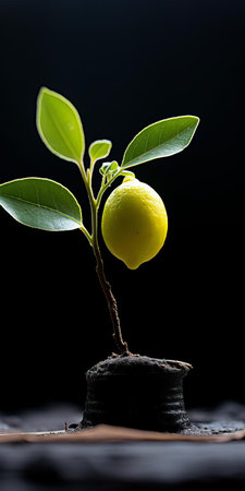 this majestic lemon tree, set against a backdrop of dark gray and black, thrives on black shingle, evoking a sense of sustainable design and visually tactile surfaces, captured in soft focus using a voigtlander bessa r2m, exuding a sense of serenity in this intimate tabletop photography setting. ai generatedの素材