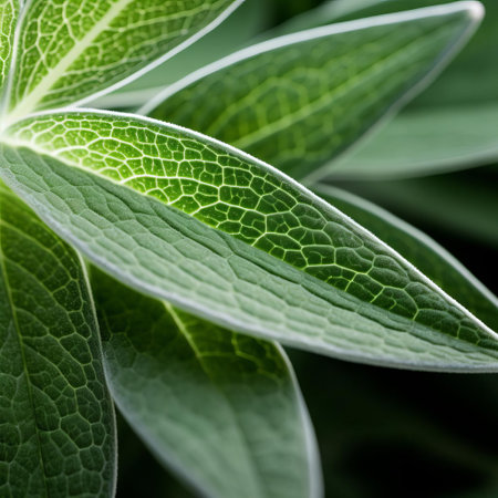 the sage plant leaf, with its delicate organic contours, is showcased in stunning detail in this ultra-high-definition image, evoking a sense of tactile connection to nature, perfect for those who appreciate environmentalism and the beauty of the natural world. ai generatedの素材