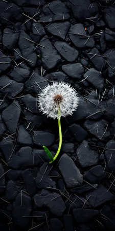 the dandelion plant stands out against the dark gray and black backdrop of black shingle, its delicate white petals and soft green leaves capturing the essence of sustainable design in this visually tactile tabletop photography shot, expertly captured with the voigtlander bessa r2m camera, evoking a sense of soft focus serenity. ai generatedの素材