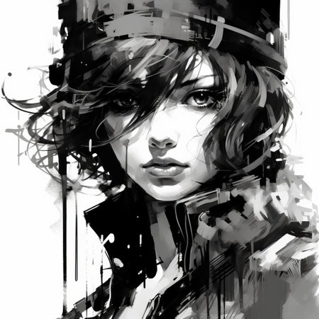 rosa, a mysterious and enigmatic character, is beautifully captured in a stunning black and white portrait, reminiscent of the iconic style of yoji shinkawa, with bold lines, intricate details, and a sense of quiet intensity, evoking a sense of futuristic noir and cyberpunk aesthetics. ai generatedの素材