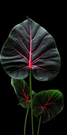 caladium plants thrive on a bed of black shingle, showcasing their vibrant leaves in a stunning tabletop photography setup, highlighting the beauty of visually tactile surfaces and sustainable design, captured with a voigtlander bessa r2m camera, featuring a soft focus effect and a predominantly dark gray and black color palette. ai generatedの素材