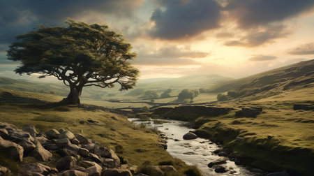 the yorkshire dales landscape stretches majestically, bathed in soft, golden light, as rolling hills, lush green pastures, and meandering streams create a serene and idyllic atmosphere, evoking a sense of tranquility and peace, perfect for relaxation and meditation in this picturesque hindu-inspired haven. ai generatedの素材