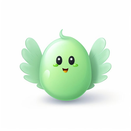 the cartoonish blob, adorned with vibrant wings, sits serenely against a pristine white isolated background, exuding a sense of whimsy and fantasy, perfect for illustrations, graphics, and digital art projects requiring a touch of playful imagination and creative freedom. ai generatedの素材