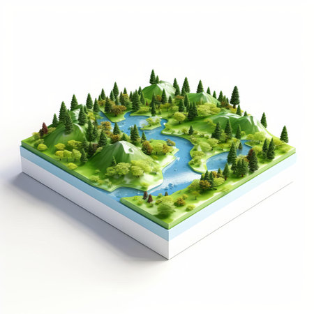 a scenic landscape model, crafted from shiny plastic, sits atop a pristine white background, showcasing an isometric square design that highlights the intricate details of the miniature terrain, complete with rolling hills, trees, and winding paths, perfect for architectural visualization or 3d design inspiration. ai generatedの素材
