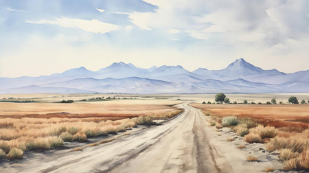 "mountainous landscape unfolds with a serene winding road cutting through its heart, surrounded by lush green forests and majestic hills, evoking a sense of tranquility and adventure, reminiscent of a dreamy watercolor painting, perfect for nature lovers and travel enthusiasts alike.", ai generatedの素材