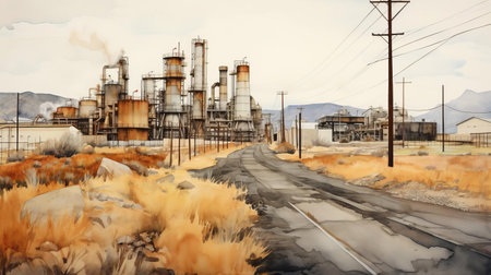 industrial landscape stretches across the horizon, with a winding road slicing through the center, devoid of human presence, evoking a sense of isolation and serenity, as vibrant watercolors bring to life the muted tones of factories, buildings, and machinery, capturing the essence of urbanization and modernity. ai generatedの素材