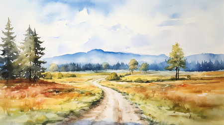 serene landscape unfolds with a winding road stretching through the heart of the scene, surrounded by lush greenery and majestic mountains, evoking a sense of tranquility and solitude, as if captured in a delicate watercolor painting, perfect for nature lovers and art enthusiasts alike. ai generatedの素材