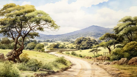 the serene landscape unfolds with a winding road slicing through its lush greenery, surrounded by majestic trees and rolling hills, evoking a sense of tranquility and peacefulness, as if captured in a delicate watercolor painting, perfect for nature lovers and art enthusiasts alike. ai generatedの素材
