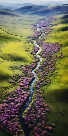 "countryside landscape stretches out in serene tranquility, with vibrant wild flowers and tall swaying grasslands as far as the eye can see, capturing the essence of peacefulness in this stunning 8k aerial view, reminiscent of a still life photography masterpiece, evoking feelings of calmness and relaxation.", ai generatedの素材