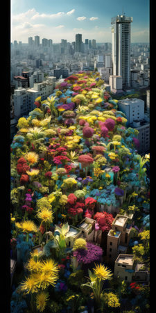 the cityscape unfolds in serene harmony, showcasing an endless expanse of undulating hills, vibrant wildflowers, and tall swaying grasslands, evoking a sense of tranquility and peacefulness, captured in stunning 8k resolution with a still life photography style that highlights the beauty of nature's splendor. ai generatedの素材
