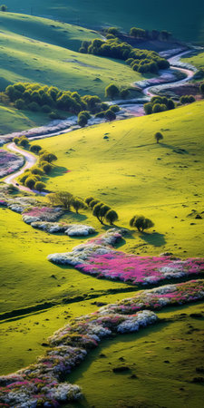 "rolling hills stretch towards the horizon in this breathtaking aerial view, showcasing an endless and undulating landscape gardening dotted with vibrant wild flowers and tall swaying grasslands, exuding the essence of tranquility and serenity, captured in stunning 8k still life photography.", ai generatedの素材