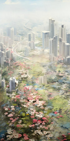the cityscape stretches out in an endless, undulating landscape, dotted with vibrant wildflowers and tall swaying grasslands, exuding tranquility and serenity, captured in stunning 8k resolution, showcasing the beauty of nature's harmony with urban life, perfect for still life photography enthusiasts. ai generatedの素材