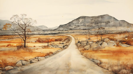 "mountainous landscape unfolds with a serene road winding its way through the heart of the scene, surrounded by lush greenery and majestic hills, evoking a sense of tranquility and adventure, captured in soft, dreamy watercolors, perfect for nature lovers and travel enthusiasts alike.", ai generatedの素材
