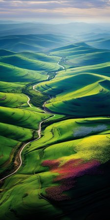 rolling hills stretch towards the horizon in this serene aerial view, showcasing an endless and undulating countryside dotted with vibrant wild flowers and tall swaying grasslands, evoking a sense of tranquility and peace, captured in stunning 8k resolution with a still life photography style. ai generatedの素材