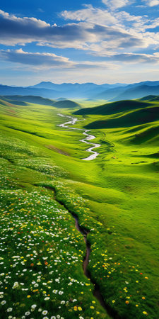 the landscape unfolds majestically in this breathtaking aerial view, showcasing an endless and undulating panorama dotted with vibrant wild flowers and tall swaying grasslands, exuding the essence of tranquility and serenity, captured in stunning 8k resolution with a still life photography style. ai generatedの素材