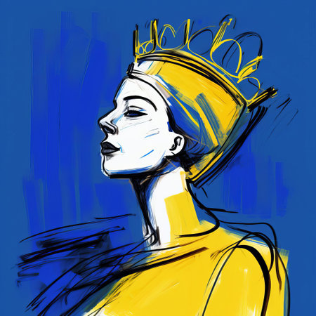 queen martha, adorned with a regal crown, gazes over her shoulder in this stunning digital drawing, reminiscent of cecil beaton's elegance, with bold, expressionist lines inspired by matisse, crafted on a wacom tablet with fine-tip pen in white and yellow hues, presented in breathtaking 32k super-resolution uhd quality. ai generatedの素材