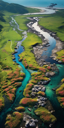 "peninsula stretches out in serene tranquility, its undulating landscape dotted with vibrant wild flowers and tall swaying grasslands, exuding a sense of peacefulness in this stunning 8k aerial view, capturing the essence of still life photography, perfect for relaxation and meditation, evoking feelings of calmness and serenity.", ai generatedの素材