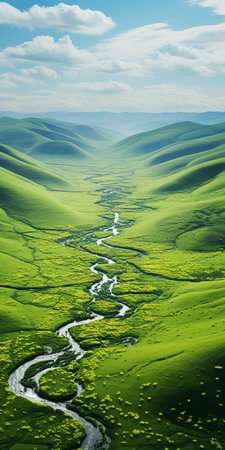 "mountain range stretches across the horizon, showcasing an endless and undulating scenic view dotted with vibrant wild flowers and tall swaying grasslands, exuding the essence of tranquility and serenity, captured in stunning 8k resolution with a still life photography style, perfect for nature lovers and photography enthusiasts.", ai generatedの素材