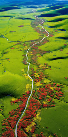 "mountain range stretches across the horizon, showcasing an endless and undulating scenic view dotted with vibrant wild flowers and tall swaying grasslands, exuding the essence of tranquility and serenity, captured in stunning 8k resolution with a still life photography style, perfect for nature lovers and photography enthusiasts.", ai generatedの素材