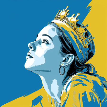 rebecca, adorned with a regal crown, gazes over their shoulder in this stunning digital drawing, reminiscent of cecil beaton's iconic style, with bold, expressionist lines and vibrant blue hues, created on a wacom tablet with fine-tip pen, showcasing intricate details in 32k super-resolution uhd quality. ai generatedの素材