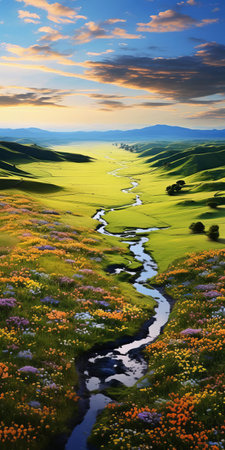 "grasslands stretch out in an endless, undulating landscape dotted with vibrant wild flowers, swaying gently in the breeze, exuding tranquility and serenity, captured in stunning 8k resolution, showcasing the beauty of nature in a still life photography style, perfect for relaxation and meditation.", ai generatedの素材