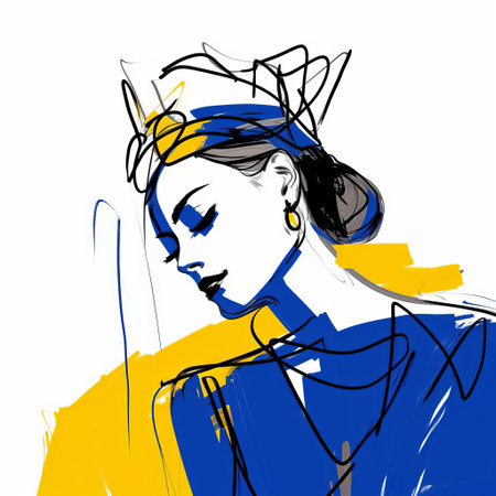 queen helen, adorned with a majestic crown, gazes over her shoulder in this stunning digital drawing, reminiscent of cecil beaton's elegance, crafted on a wacom tablet with fine-tip pen and vibrant blue hues, blending matisse-inspired expressionist lines with tumblr-esque flair, presented in breathtaking 32k super-resolution uhd quality. ai generatedの素材