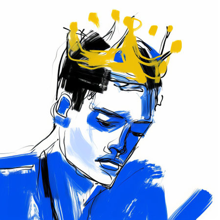 the demon, adorned with a regal crown, gazes over their shoulder in this striking digital drawing, reminiscent of cecil beaton's elegance and tumblr's eclectic style. created on a wacom tablet, the artwork features bold, expressionist lines inspired by matisse, rendered in fine-tip pen with a vibrant blue and yellow color palette, boasting a stunning 32k super-resolution and uhd quality. ai generatedの素材