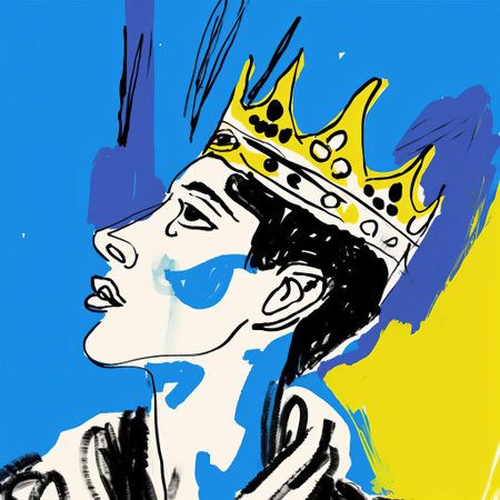 the demon, adorned with a regal crown, gazes over their shoulder in a hauntingly elegant portrait, evoking the opulent style of cecil beaton and the expressive lines of henri matisse, brought to life through precise digital drawing on a wacom tablet, featuring bold blue hues, fine-tip pen details, and stunning 32k super-resolution uhd clarity. ai generatedの素材
