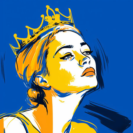 kimberly, adorned with a regal crown, gazes over their shoulder in this stunning digital drawing, reminiscent of cecil beaton's elegance, with bold, expressionist lines and vibrant blue hues, crafted on a wacom tablet in the style of matisse, featuring fine-tip pen details and a striking yellow accent. ai generatedの素材