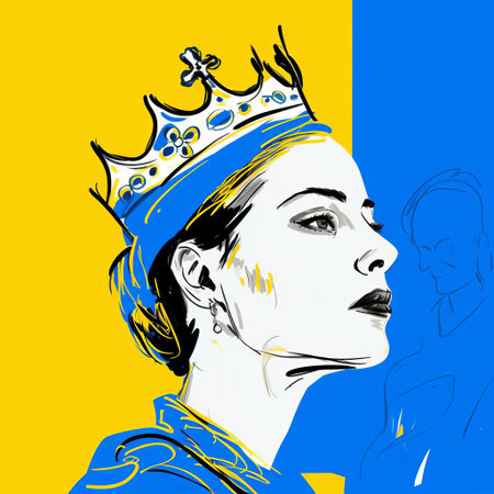 rebecca, adorned with a regal crown, gazes over their shoulder in a captivating portrait inspired by the iconic style of cecil beaton and the vibrant aesthetic of tumblr. digitally drawn on a wacom tablet, this stunning piece blends the expressive lines of matisse with fine-tip pen details, set against a striking blue backdrop, showcasing remarkable 32k super-resolution and uhd clarity. ai generatedの素材