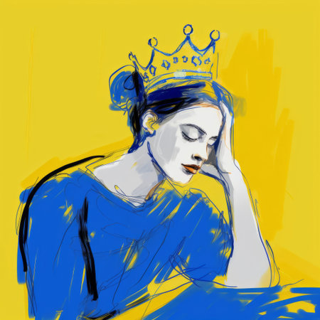 queen martha, adorned with a regal crown, gazes over her shoulder in this stunning digital drawing, reminiscent of cecil beaton's iconic portraits. created on a wacom tablet, the artwork boasts vibrant blue hues, fine-tip pen details, and expressive lines inspired by matisse's style, presented in breathtaking 32k super-resolution uhd quality. ai generatedの素材