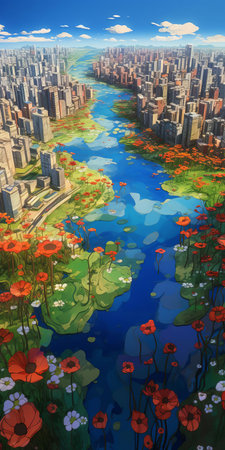 the cityscape stretches out in an endless, undulating expanse, dotted with vibrant wild flowers and tall swaying grasslands, exuding an essence of tranquility and serenity, captured in stunning 8k resolution with a still life photography style, evoking feelings of peacefulness and calmness in this breathtaking aerial view. ai generatedの素材