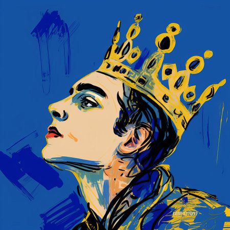 jose, adorned with a regal crown, gazes over their shoulder in this stunning digital drawing, reminiscent of cecil beaton's elegance and tumblr's eclectic style, rendered in soothing blue hues on a wacom tablet, blending matisse's expressive lines with fine-tip pen details in white and yellow, presented in breathtaking 32k super-resolution uhd quality. ai generatedの素材