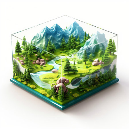 a futuristic isometric square model, crafted from shiny plastic, showcases a stunning beautified landscape, complete with rolling hills, serene lakes, and lush greenery, set against a crisp white background, evoking a sense of modernity and tranquility in 3d design and architecture visualization. ai generatedの素材