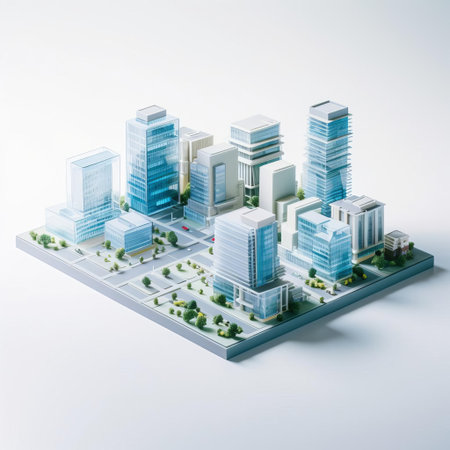 cityscape model, crafted from shiny plastic, sits atop a pristine white background, showcasing an isometric square design that highlights the intricate details of urban architecture, perfect for 3d visualization, graphic design, and city planning projects, evoking a sense of modernity and sophistication. ai generatedの素材