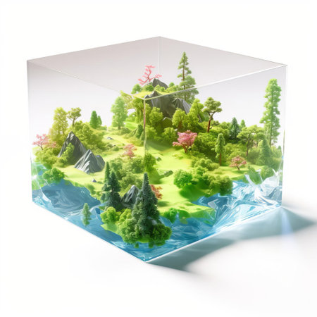 the futuristic isometric square model, crafted from shiny plastic, showcases an ethereal landscape with mesmerizing details, set against a pristine white background, evoking a sense of otherworldly beauty and futuristic architecture, perfect for sci-fi enthusiasts and fans of abstract art. ai generatedの素材