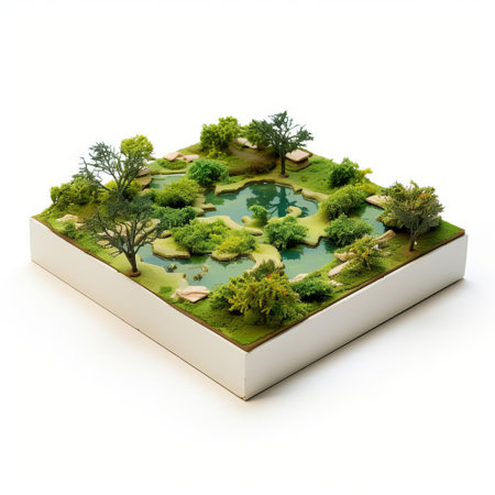 the landscape gardening model, crafted from shiny plastic and presented in an isometric square shape, sits elegantly on a pristine white background, showcasing a meticulous blend of modern design and natural beauty, perfect for architectural visualization, 3d rendering, and landscape design inspiration. ai generatedの素材