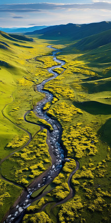 "mountainous landscape unfolds in an aerial view, showcasing an endless and undulating scenic expanse dotted with vibrant wild flowers and tall swaying grasslands, evoking the essence of tranquility and serenity, captured in stunning 8k resolution with a still life photography style, perfect for nature lovers and photography enthusiasts.", ai generatedの素材