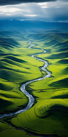 rolling hills stretch towards the horizon, adorned with vibrant wildflowers and swaying grasslands, exuding serenity and peace in this stunning 8k aerial photograph, capturing the essence of untouched nature in a still life photography style, perfect for relaxation and meditation. ai generatedの素材