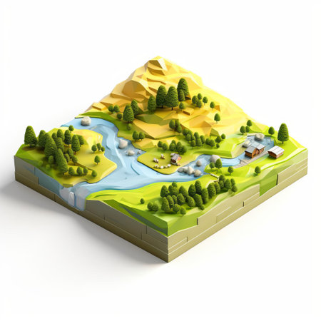 a rural landscape model, crafted from shiny plastic, takes center stage on a pristine white background, showcasing an isometric square design that highlights the intricate details of rolling hills, trees, and rustic buildings, evoking a sense of serenity and simplicity in a miniature form. ai generatedの素材