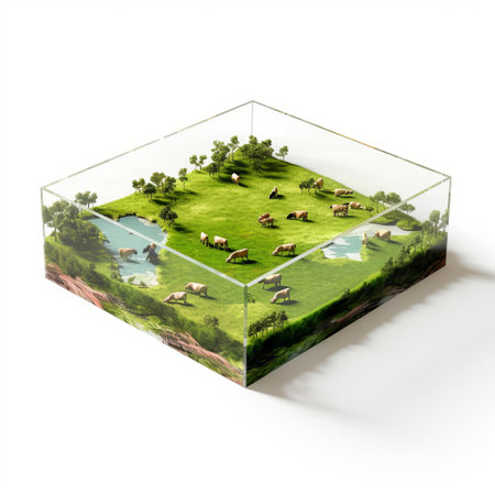 a pasture model, crafted from shiny plastic, sits elegantly on a pristine white background, showcasing a serene isometric square representation of a lush green meadow, complete with intricate details, evoking a sense of tranquility and rural charm, perfect for design and visualization projects. ai generatedの素材