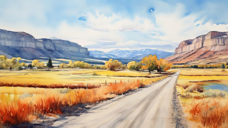 "mountainous landscape unfolds with a winding road slicing through its center, surrounded by lush greenery and majestic hills, evoking a sense of serenity and adventure, as if waiting to be explored, captured in a stunning watercolor artwork that exudes warmth and vibrancy, perfect for nature lovers and travel enthusiasts.", ai generatedの素材