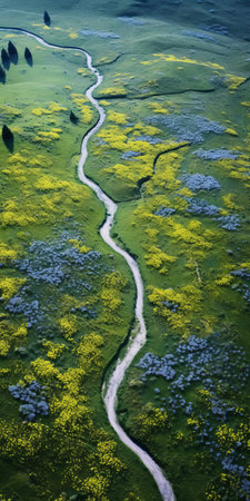 "rolling hills stretch towards the horizon in this serene aerial view, showcasing an endless and undulating landscape gardening scene dotted with vibrant wild flowers and tall swaying grasslands, evoking feelings of tranquility and peacefulness, captured in stunning 8k still life photography.", ai generatedの素材